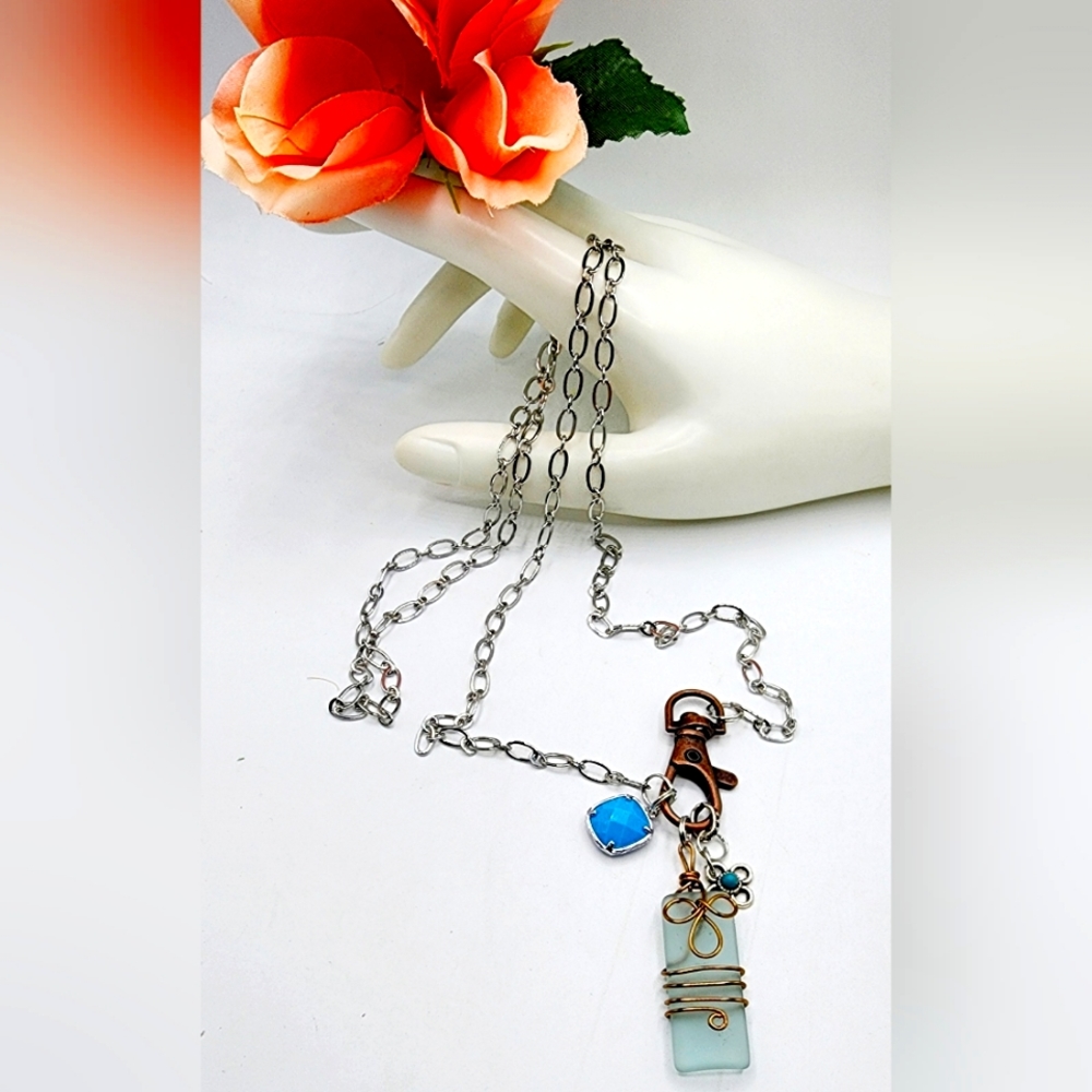 Wirewrapped blue seaglass, 34inch, silver chain, small link, custom made.